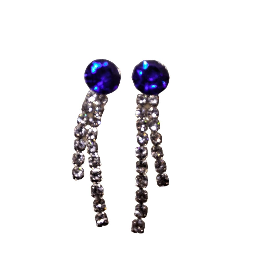 Blue Clear Rhinestone Dangle Earrings Post Silver Tone